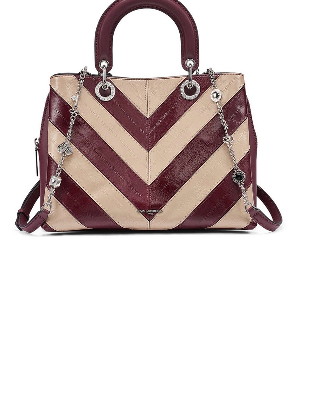 Karl Lagerfeld Chevron Satchel in Burgundy & Cream with Chain Strap